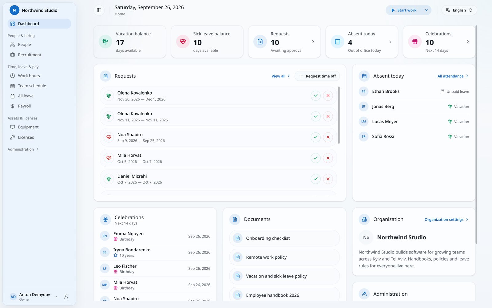 IHR dashboard with time off balances, pending requests, absences and celebrations