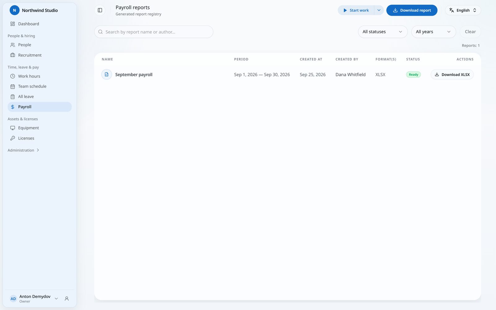 IHR payroll reports list with periods and statuses